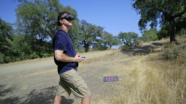 A man skillfully operating a drone in an outdoor setting amidst natures beauty and serenity
