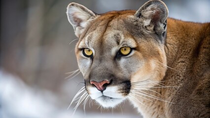 A close-up of an animal with piercing yellow eyes and a neutral expression
