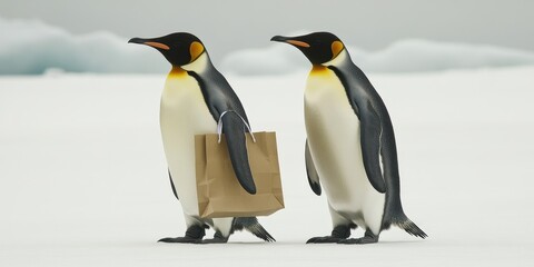 Fototapeta premium Two Penguins Waddle Side by Side, Each Carrying a Brown Paper Bag in a Cold Icy Environment Against a Soft Blur of Icebergs in the Background