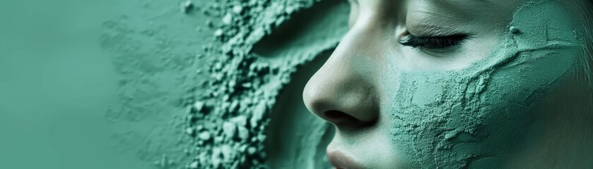 Antiaging collagen powder close up, focus on mix, copy space, bright visuals, double exposure silhouette with firm skin