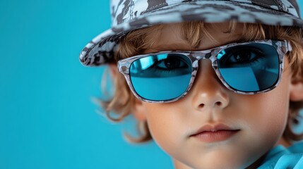 Fototapeta premium A child gazes seriously at the camera, wearing a patterned cap and sunglasses, standing against a vivid blue background that blends serious and playful tones.