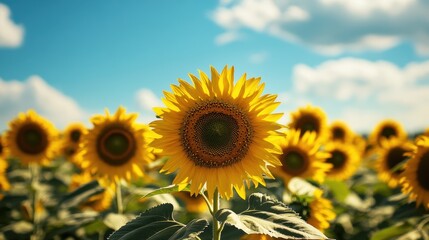 Obraz premium Close-up of a sunflower field under a bright blue sky, capturing the essence of summer