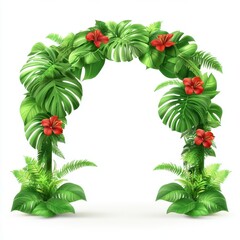 Vibrant tropical floral archway featuring lush green leaves and bright red flowers, perfect for events and celebrations.