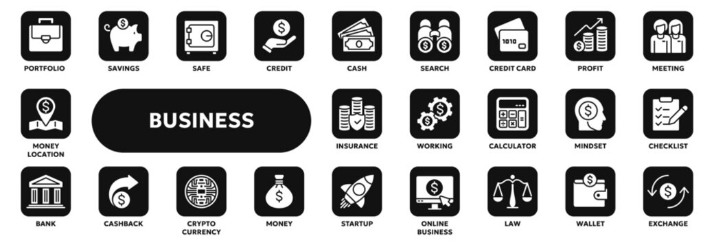 Set of vector solid icons related to business management, finance, money. Symbols for website or app ui, logo design, illustration
