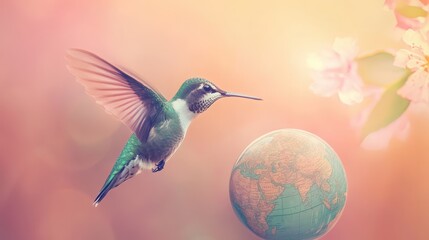 Obraz premium Captivating Hummingbird in Flight Above a Global Globe Surrounded by Blossoms, Symbolizing Travel and Nature's Beauty for Adventurers