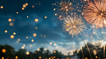 Grand Festival Fireworks over a city park, dark sky with vibrant fireworks lighting up the trees and fountains in the park below, Photorealistic