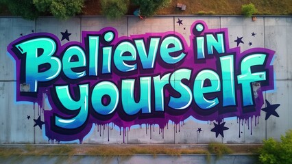 A colorful street mural prominently displays the phrase Believe in yourself in bold letters, set against a background of purple shades and surrounded by playful stars. This inspiring artwork energizes