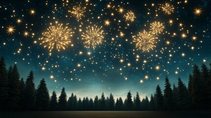 Grand Festival Fireworks at a national park, dark sky with huge, colorful fireworks bursting above the trees, illuminating the natural landscape, Photorealistic