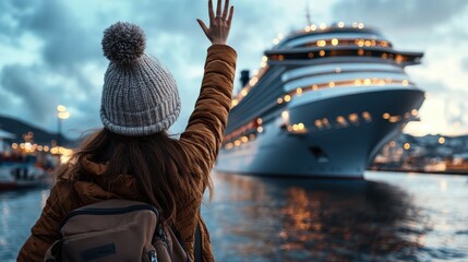 Clad in warm clothing, a traveler extends a heartfelt goodbye to a grand cruise ship under the wintery evening sky, enveloped within serene ocean scenes and wanderlust.
