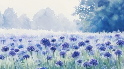 A serene field of purple flowers under soft sunlight, evoking tranquility and the beauty of nature.