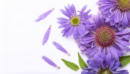 Fototapeta premium Closeup of Blooming Heliotrope Flowers and Petals Isolated on White Background. Top View of Flower with Empty Space.