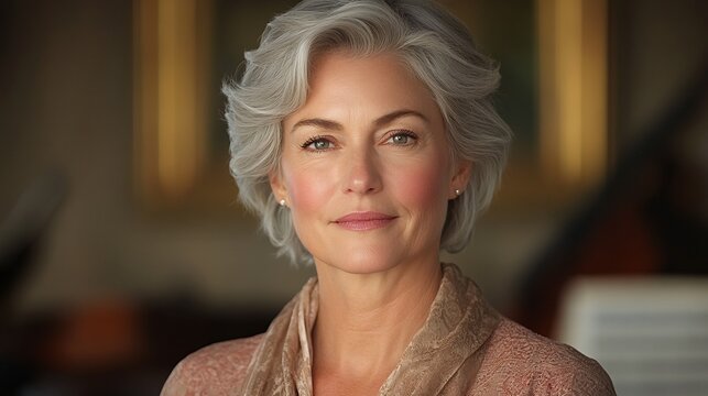 Elegant Portrait of a Mature Woman Indoors with Serene Expression and Grace