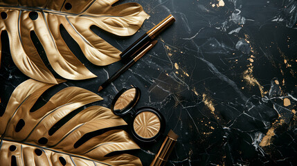 Top view of luxury cosmetics with tropical leaves. Black and golden colors. Black marble background