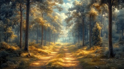 Fototapeta premium Serene forest path illuminated by soft sunlight and greenery.