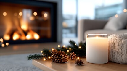 A close-up of a candle next to pinecones, a small knit item, and a fireplace, exuding warmth and inviting comfort during the winter season.