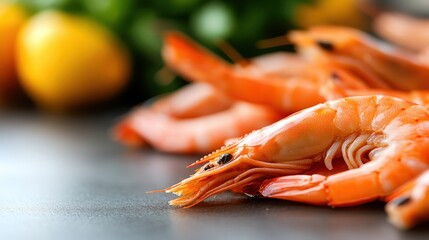 A vibrant close-up of fresh shrimp, showcasing their orange hue and succulent texture, with blurred citrus fruits in the background adding a pop of color to the scene.