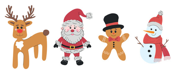 Obraz premium Vector flat winter holidays characters. Santa claus, rein deer, gingerbread man cookie in hat and snowman with knitted scarf and hat. Hand drawn vector flat illustrations. Greeting card design