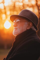 An elderly man wearing a hat gazes thoughtfully into the sunset, radiating wisdom and nostalgia.