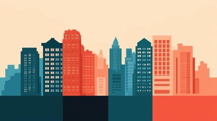 Obraz premium Stylized city skyline with colorful skyscrapers against a soft background.