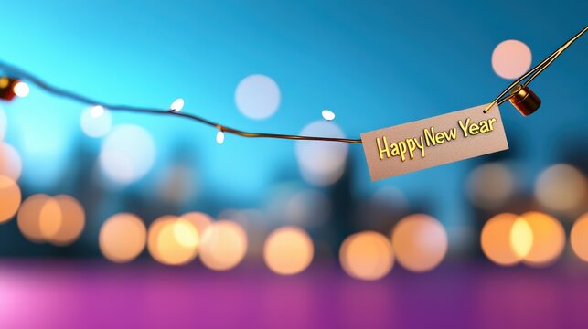 A festive image with a gold 'Happy New Year' card attached to illuminated wire lights, set against a blurred cityscape to depict celebration and optimism.