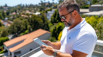 Fototapeta premium A man wearing a white polo uses a tablet on a balcony, overlooking a scenic view, embodying modern technology and a tranquil suburban lifestyle.