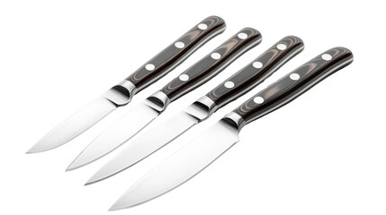 Obraz premium Set of four kitchen knives with black handles on white isolated background.