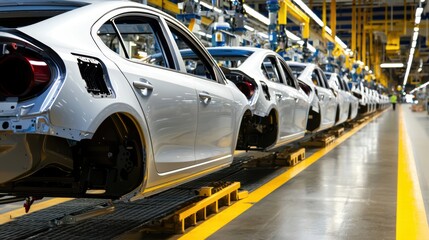 Obraz premium A production line showcases white cars in various assembly stages within a bright automotive factory.