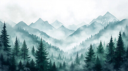 Fototapeta premium Misty Forest In Gentle Watercolors: Mountains Looming In The Background Under A Soft, Hazy Sky