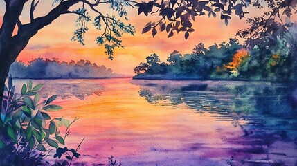 Naklejka premium Depict a serene lake at dusk, with vibrant hues reflected in the water, surrounded by a lush, misty forest in a detailed watercolor painting