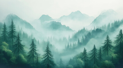 Fototapeta premium Misty Forest In Gentle Watercolors: Mountains Looming In The Background Under A Soft, Hazy Sky