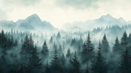 Fototapeta premium Misty Forest In Gentle Watercolors: Mountains Looming In The Background Under A Soft, Hazy Sky