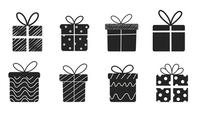 Gift boxes with ribbon icons Set. Gift box icons in Trendy Flat style. Surprising gift boxes on white background.