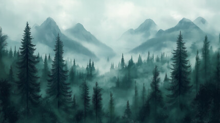 Fototapeta premium Misty Forest In Gentle Watercolors: Mountains Looming In The Background Under A Soft, Hazy Sky