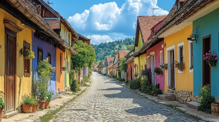 Fototapeta premium A picturesque village street lined with colorful houses and cobblestone paths