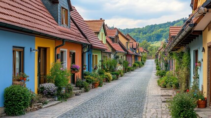 Naklejka premium A picturesque village street lined with colorful houses and cobblestone paths
