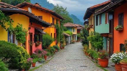 Fototapeta premium A picturesque village street lined with colorful houses and cobblestone paths