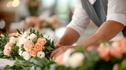 A skilled florist carefully arranging a lush bouquet with mixed roses and greenery, expressing creativity and craftsmanship within a warm, inviting setting.