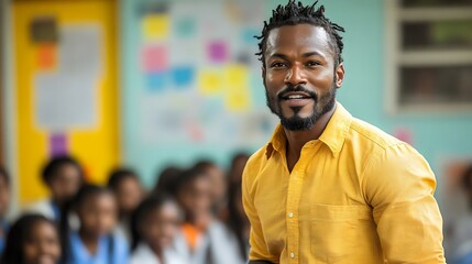 A man in a yellow shirt is smiling at the camera