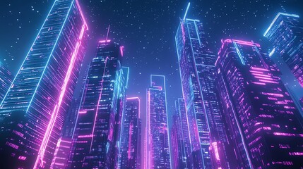 Fototapeta premium Illustrate a sleek, futuristic cityscape at night, with neon lights illuminating towering skyscrapers against a starry sky in a digital art piece with a cyberpunk aesthetic