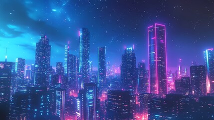 Fototapeta premium Illustrate a sleek, futuristic cityscape at night, with neon lights illuminating towering skyscrapers against a starry sky in a digital art piece with a cyberpunk aesthetic
