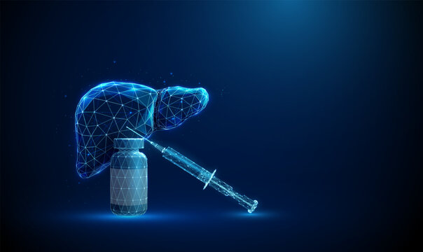 Bottle and syringe in front of red futuristic human liver. Liver diseases, medical treatment and pharmacy concept. Low poly neon style.