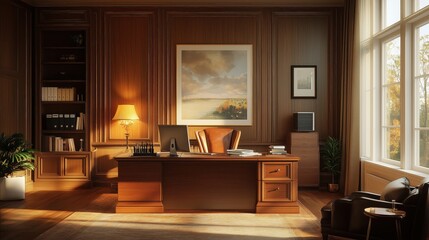 Fototapeta premium Elegant Office with Rich Mahogany Furniture