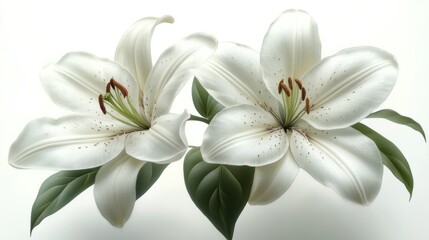 Two elegant white lilies with green leaves on a light background.