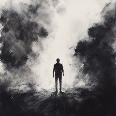 A man stands in the middle of a dark, smoky, and desolate landscape