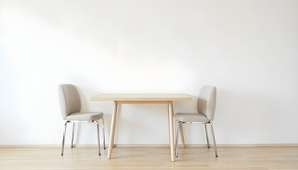 A high-definition depiction of a minimalist dining space. A small, rectangular table with a light-colored top is placed centrally against a stark white wall, flanked by two matching chairs with metal 