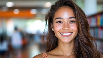 A young woman with a beaming smile stands inside a library, the bookshelves behind her slightly blurred, emphasizing her cheerful and welcoming demeanor.