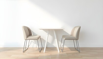 A high-definition depiction of a minimalist dining space. A small, rectangular table with a light-colored top is placed centrally against a stark white wall, flanked by two matching chairs with metal 