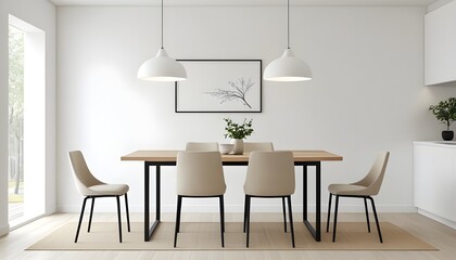 A high-definition depiction of a minimalist dining space. A small, rectangular table with a light-colored top is placed centrally against a stark white wall, flanked by two matching chairs with metal 