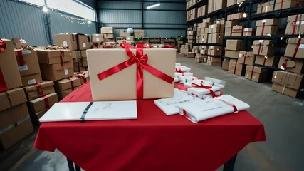 beautifully decorated Merry Christmas table featuring gift boxes presents wrapped red ribbons letters desk warehouse representing joy shipping holiday delivery services box background shopping sale