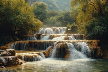 Obraz premium Cascading Waterfall Surrounded by Lush Green Foliage